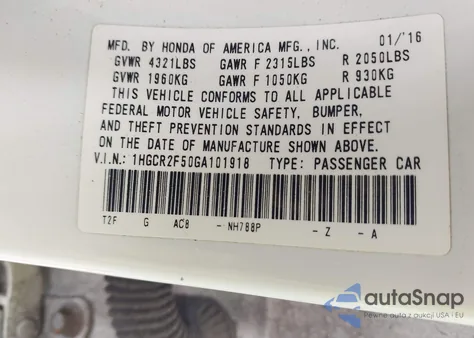 2016 Honda Accord Sport from USA, damaged, VIN 1HGCR2F50GA101918